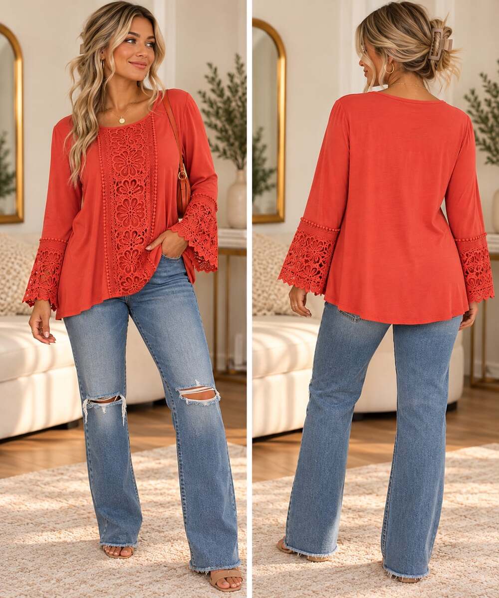 Boho Romantic Orange Crochet Lace Bell Sleeve Tunic Top Forgotten Grace L
